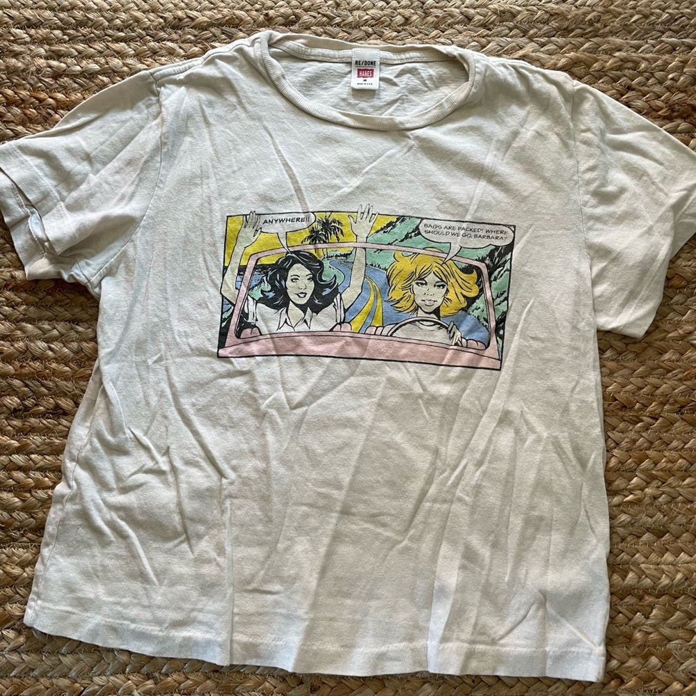 Re/Done White Graphic T-Shirt with Comic Print
